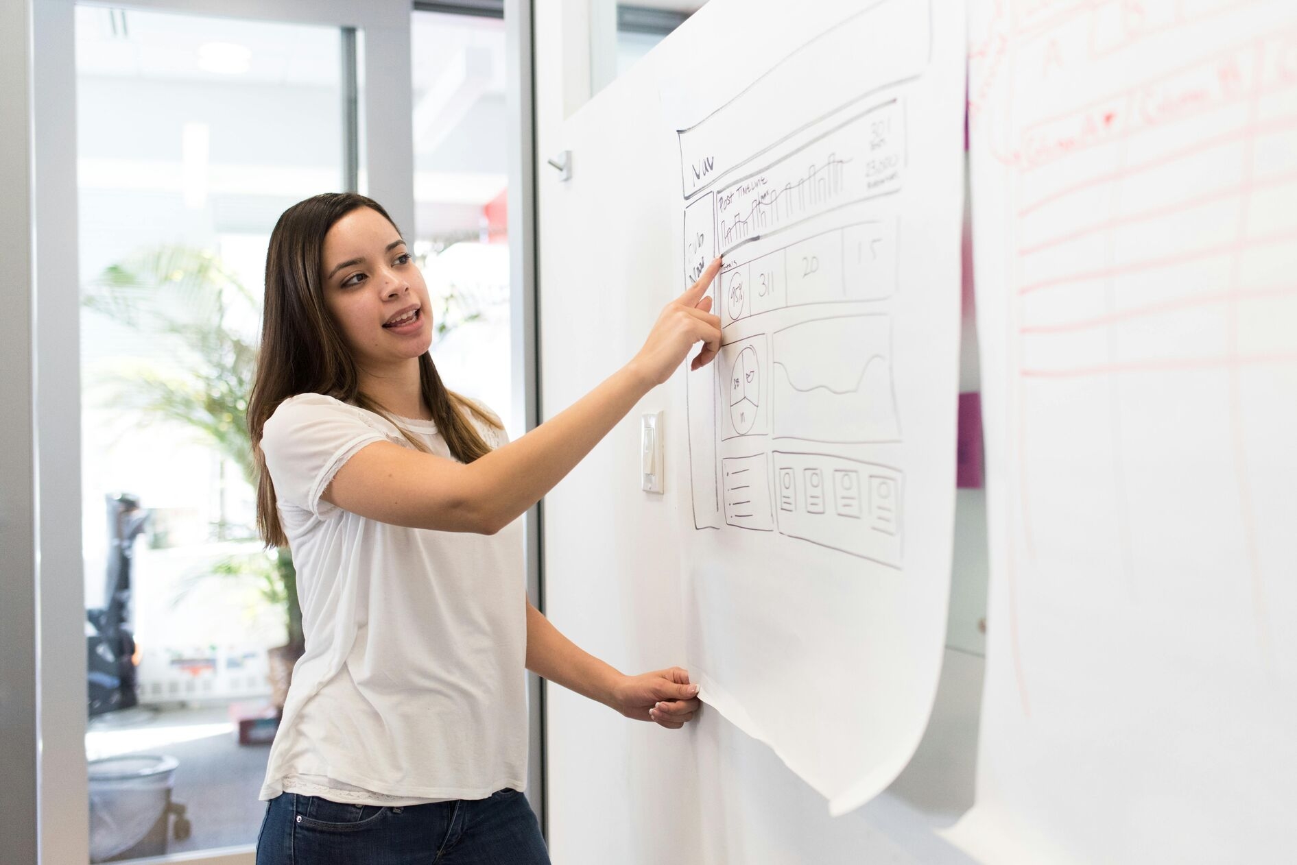 Team member working on a whiteboard